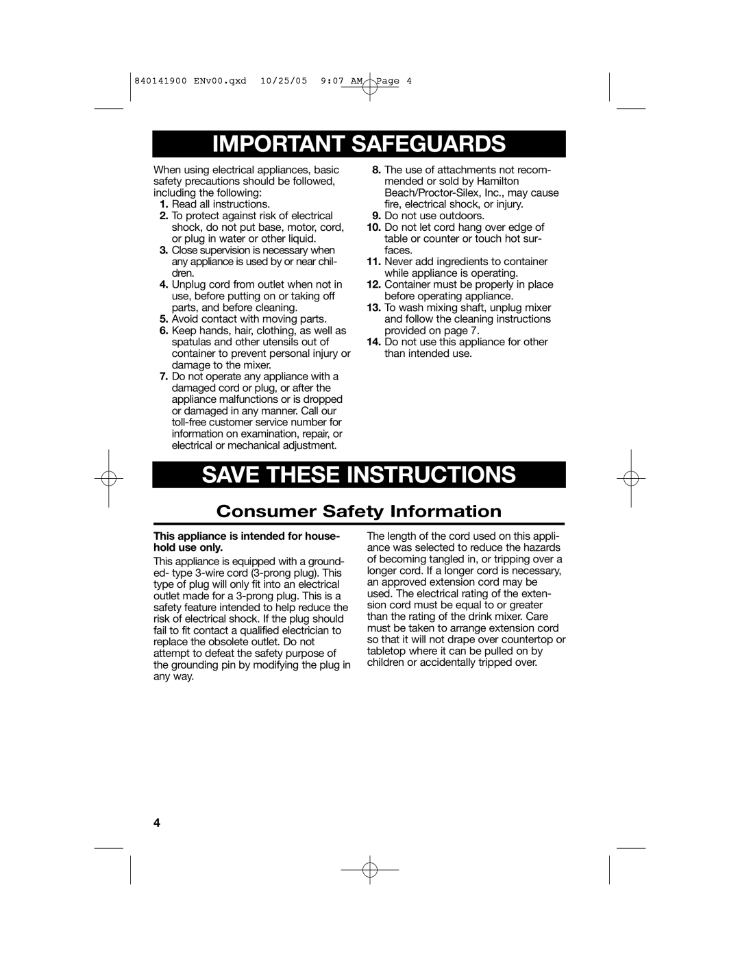 Hamilton Beach 840141900 manual Important Safeguards, Save These Instructions, Consumer Safety Information 