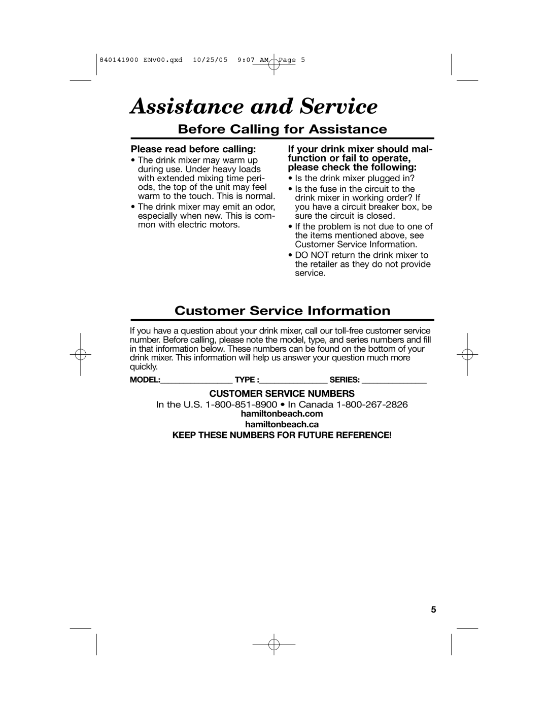 Hamilton Beach 840141900 manual Assistance and Service, Before Calling for Assistance, Customer Service Information 