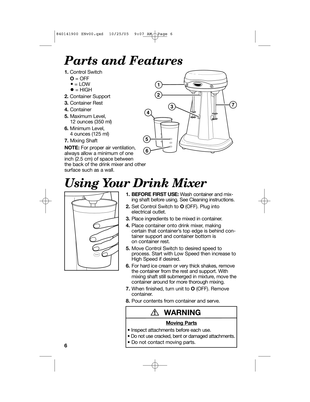Hamilton Beach 840141900 manual Parts and Features, Using Your Drink Mixer, Moving Parts 