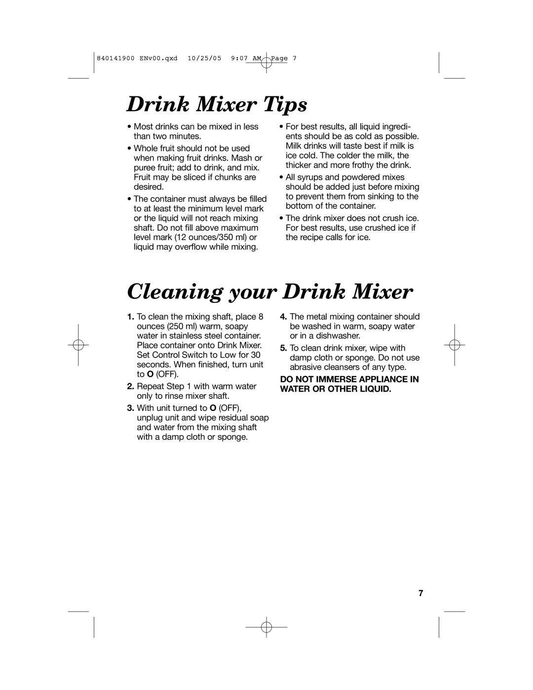 Hamilton Beach 840141900 Drink Mixer Tips, Cleaning your Drink Mixer, Do Not Immerse Appliance In Water Or Other Liquid 