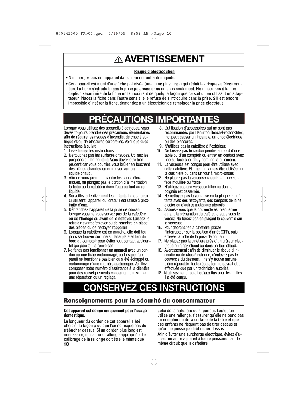 Hamilton Beach 840142000 manual Avertissement, Renseignements pour la sécurité du consommateur 