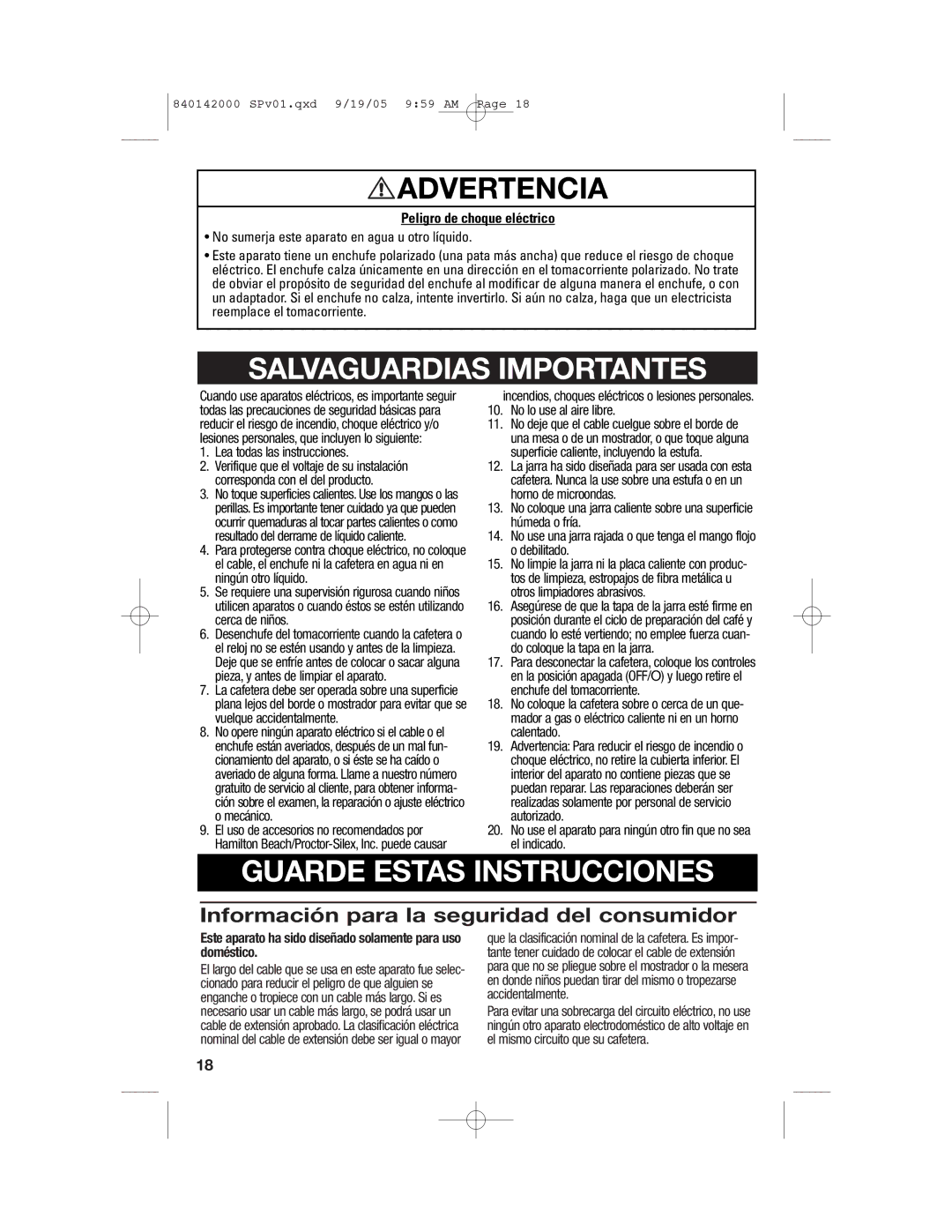 Hamilton Beach 840142000 manual Salvaguardias Importantes 