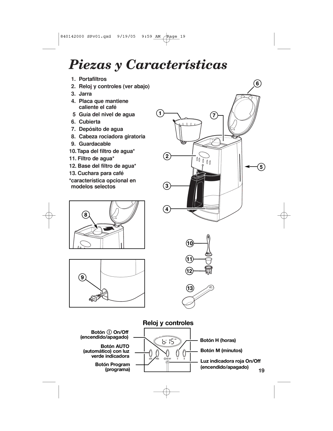 Hamilton Beach 840142000 manual Piezas y Características, Reloj y controles 