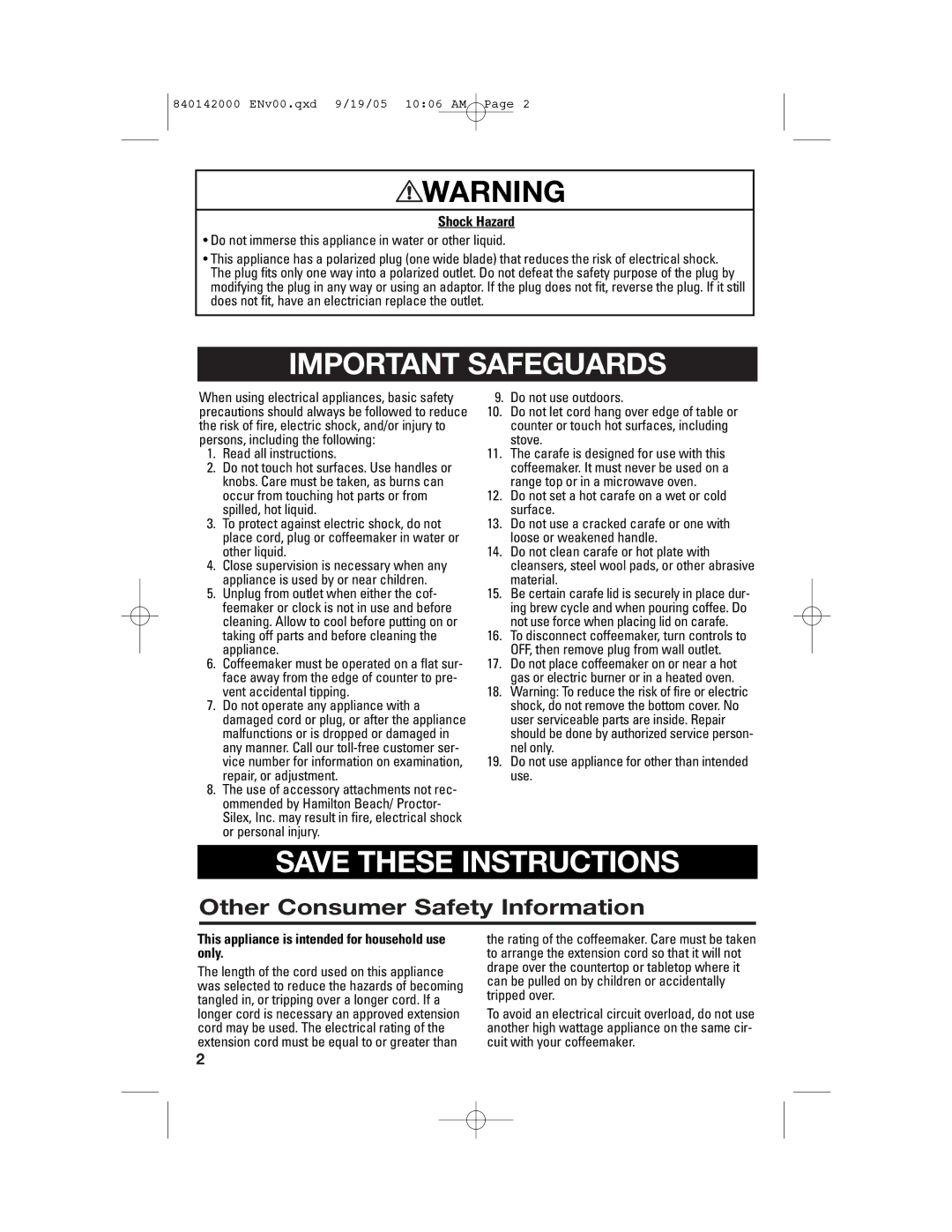 Hamilton Beach 840142000 manual Important Safeguards 