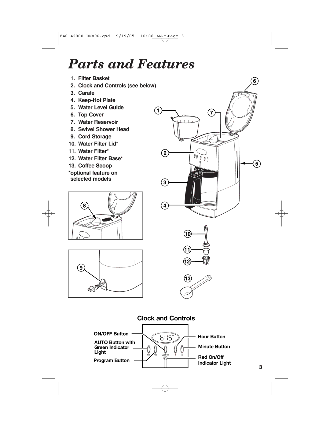 Hamilton Beach 840142000 manual Parts and Features, Clock and Controls 