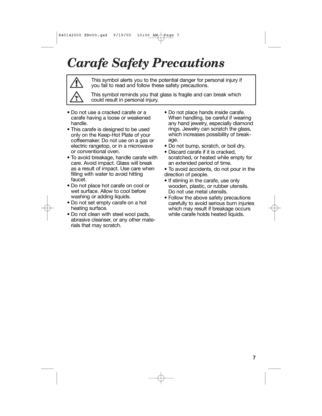 Hamilton Beach 840142000 manual Carafe Safety Precautions 