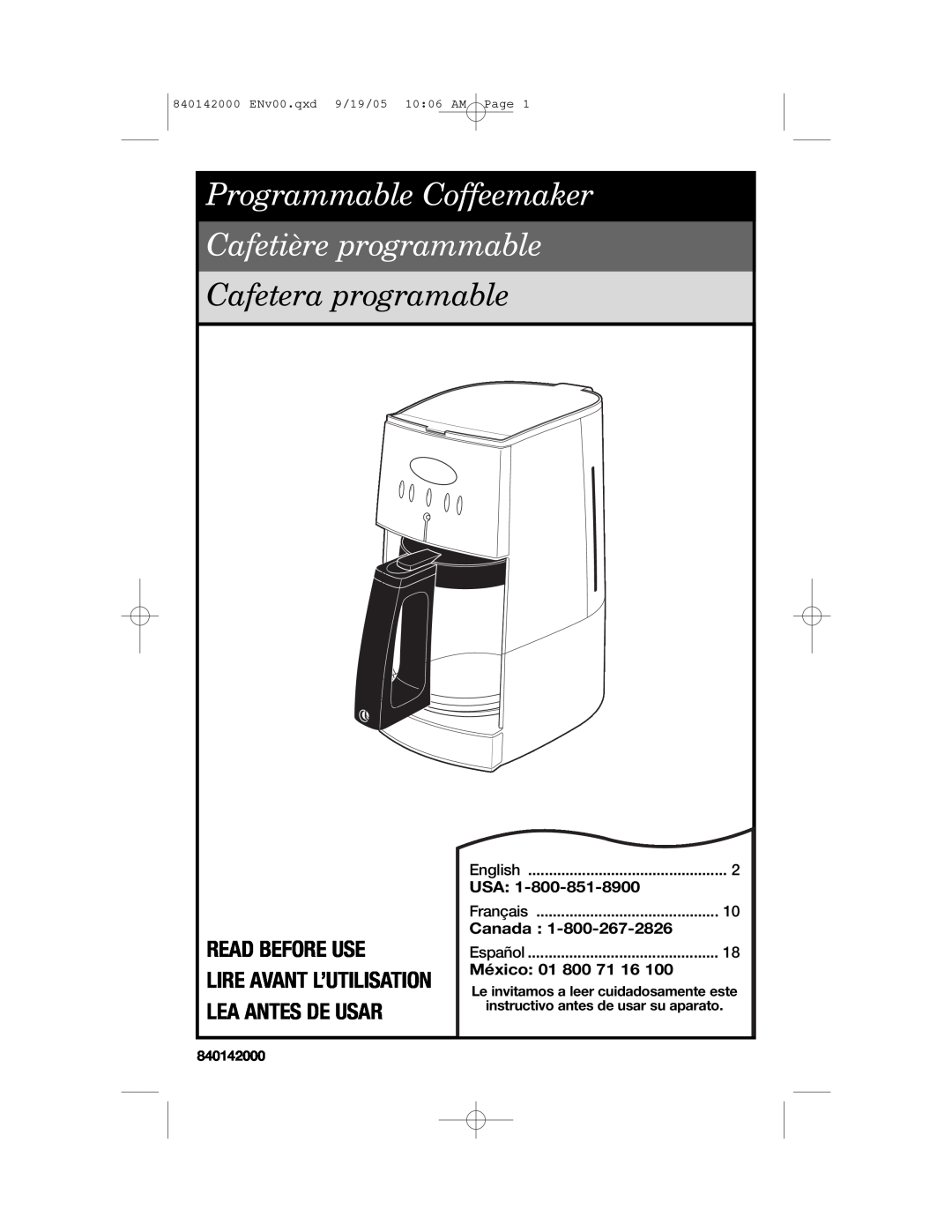 Hamilton Beach 840142000 manual Read Before Use, Programmable Coffeemaker Cafetière programmable, Cafetera programable 