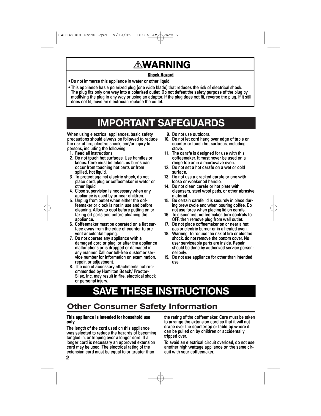 Hamilton Beach 840142000 Important Safeguards, Save These Instructions, Other Consumer Safety Information, Shock Hazard 