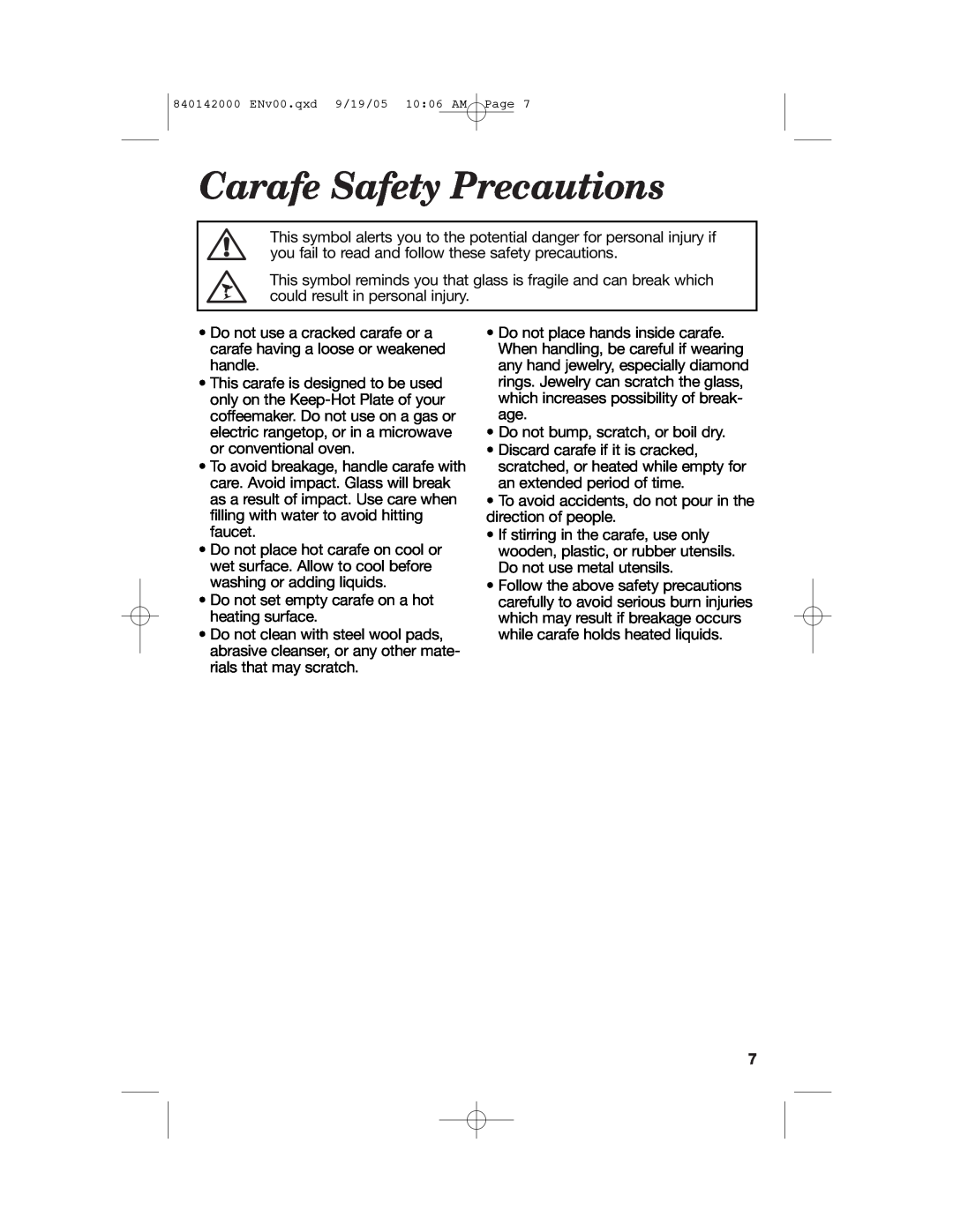 Hamilton Beach 840142000 manual Carafe Safety Precautions 