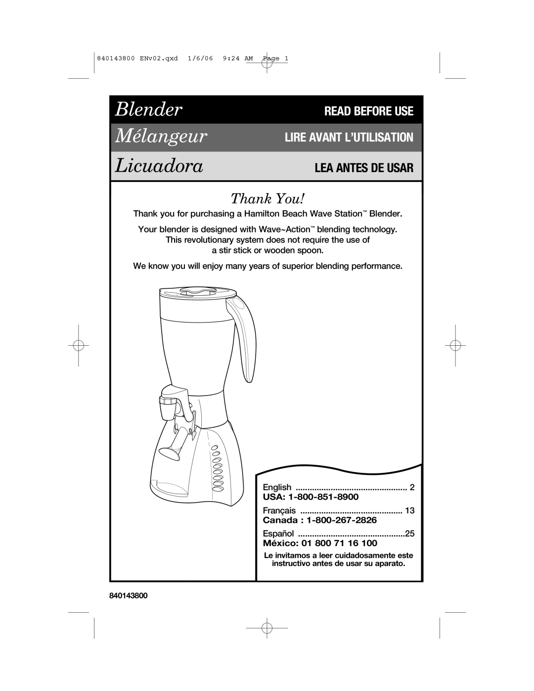 Hamilton Beach 840143800 manual Usa, Canada, México 01 800 71 16 