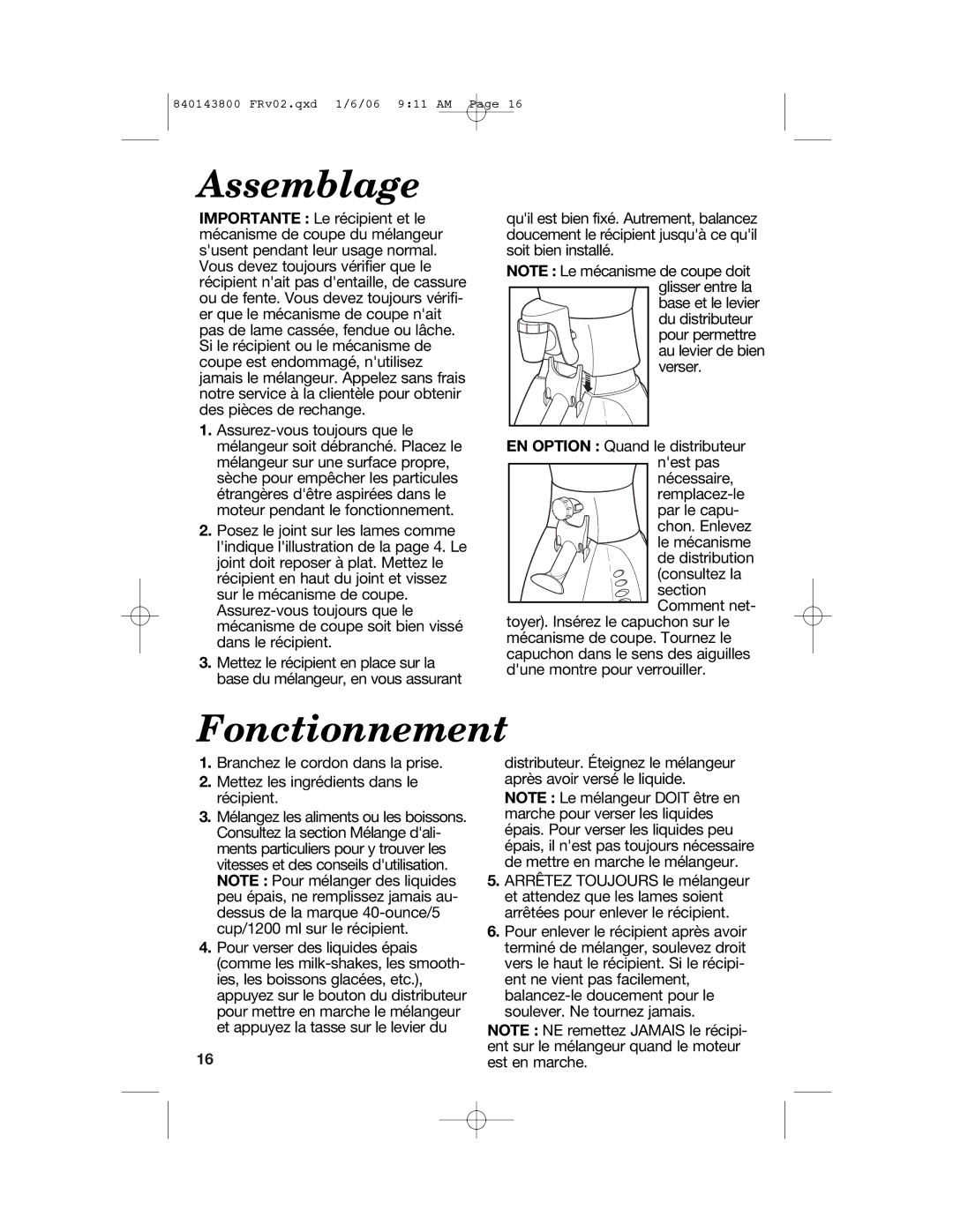 Hamilton Beach 840143800 manual Assemblage, Fonctionnement 