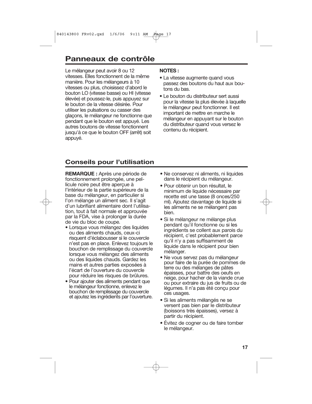 Hamilton Beach 840143800 manual Panneaux de contrôle, Conseils pour l’utilisation 