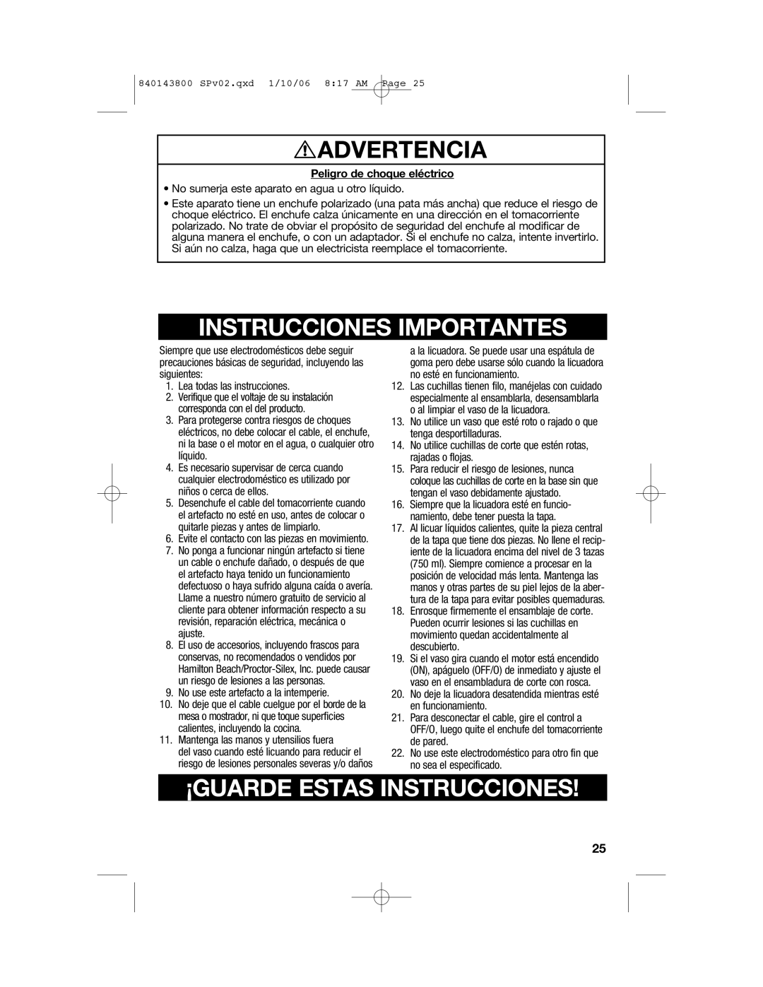 Hamilton Beach 840143800 manual Advertencia, Peligro de choque eléctrico 