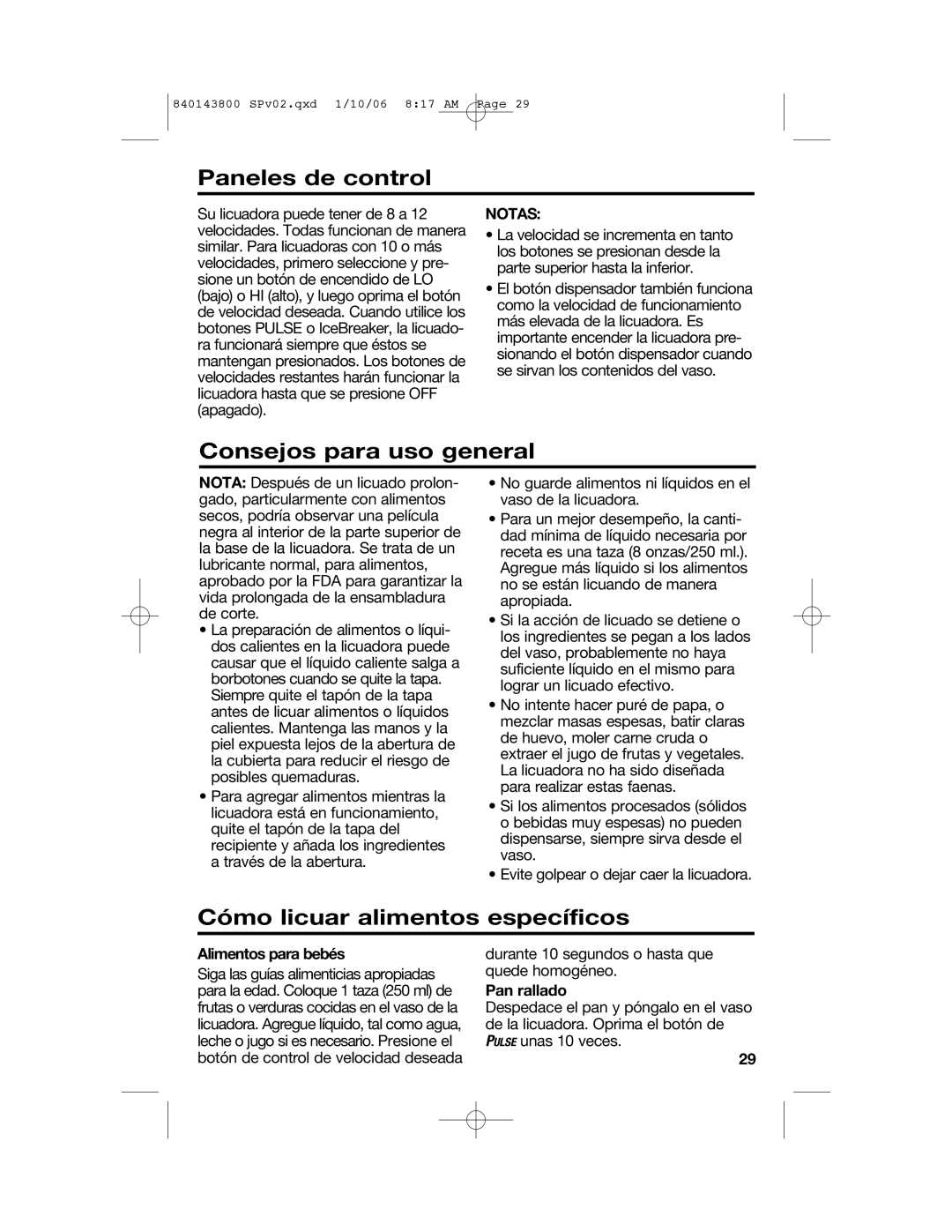 Hamilton Beach 840143800 manual Paneles de control, Consejos para uso general, Cómo licuar alimentos específicos, Notas 