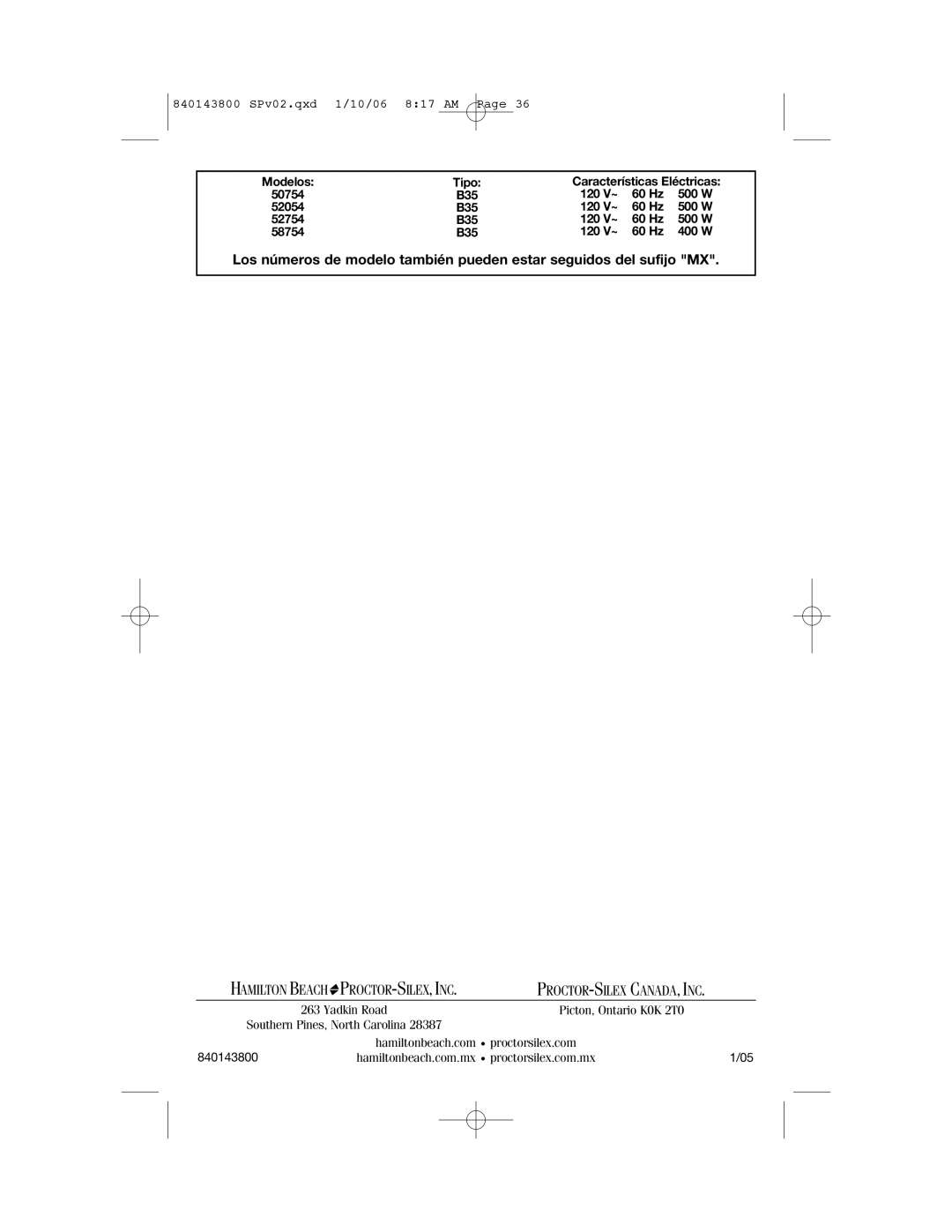 Hamilton Beach 840143800 manual Proctor-Silex, Inc 