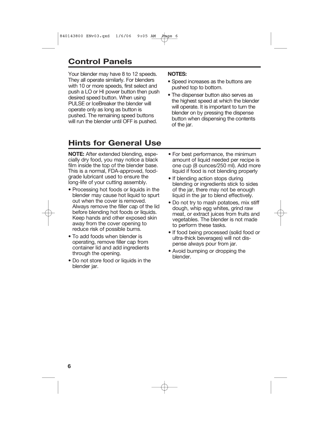 Hamilton Beach 840143800 manual Control Panels, Hints for General Use 