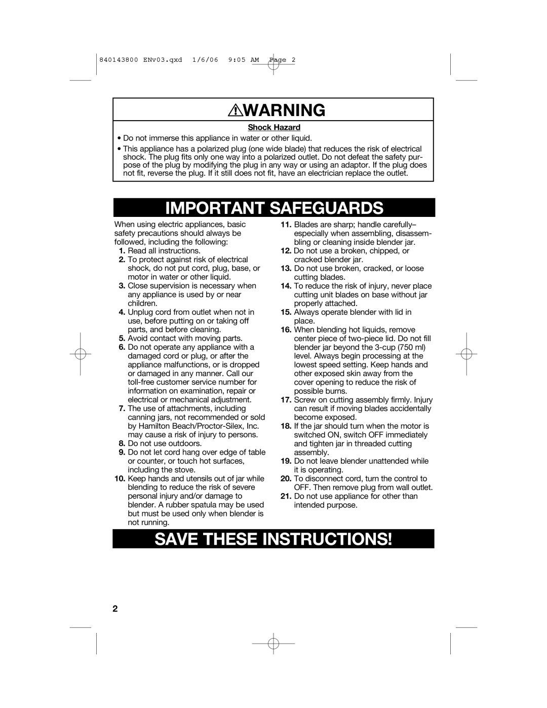 Hamilton Beach 840143800 manual Important Safeguards, Save These Instructions, Shock Hazard 