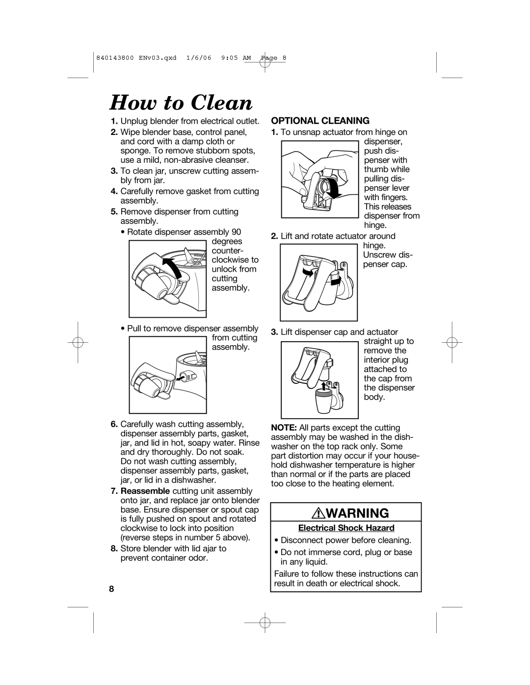 Hamilton Beach 840143800 manual How to Clean, Optional Cleaning, Electrical Shock Hazard 