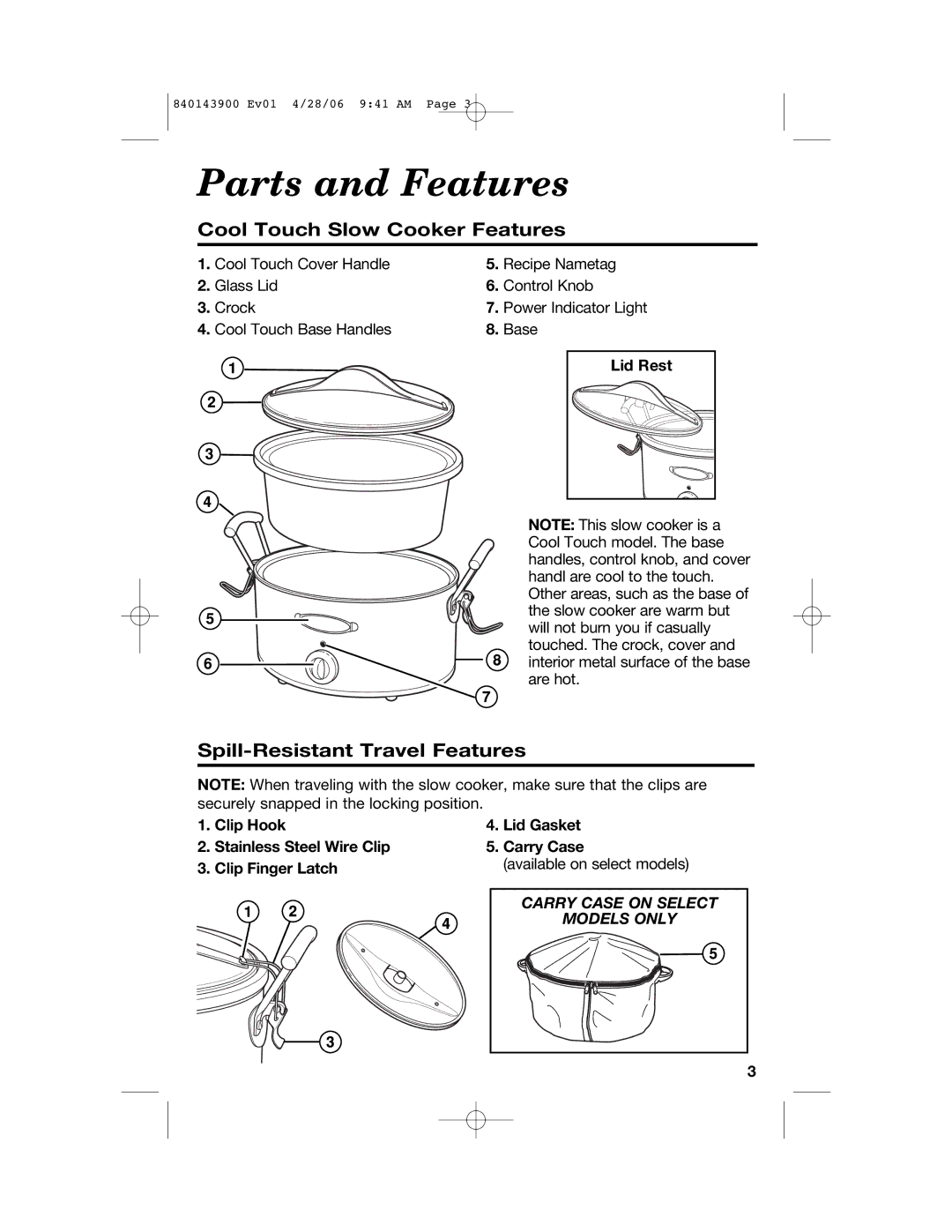 Hamilton Beach 840143900 manual Parts and Features, Cool Touch Slow Cooker Features 