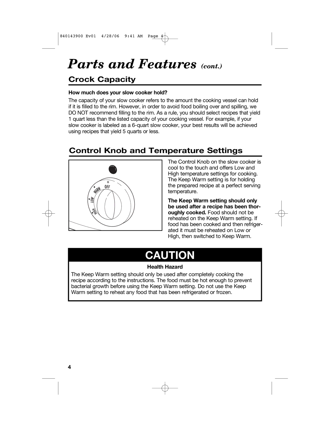 Hamilton Beach 840143900 manual Wcaution, Crock Capacity, Control Knob and Temperature Settings, Health Hazard 