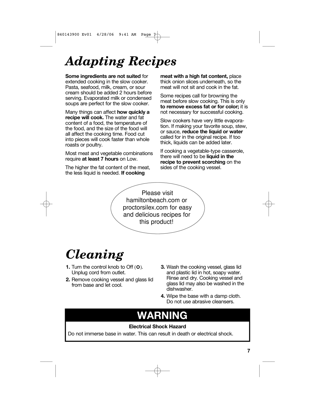 Hamilton Beach 840143900 manual Adapting Recipes, Cleaning, Electrical Shock Hazard 