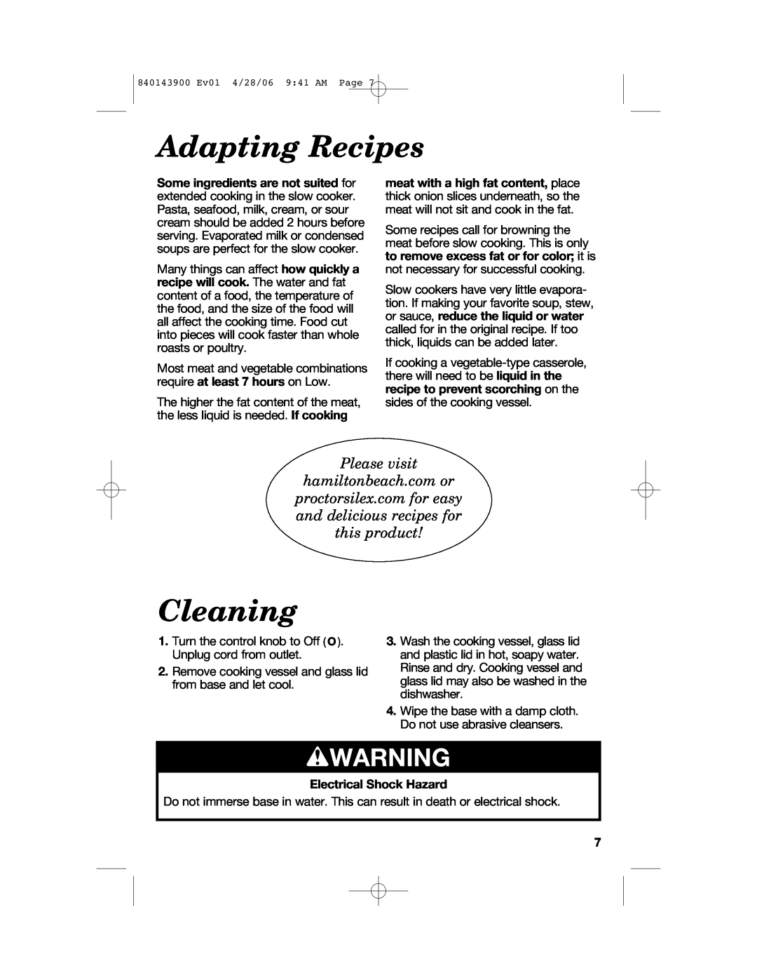 Hamilton Beach 840143900 manual Adapting Recipes, Cleaning, Electrical Shock Hazard, wWARNING, Please visit 