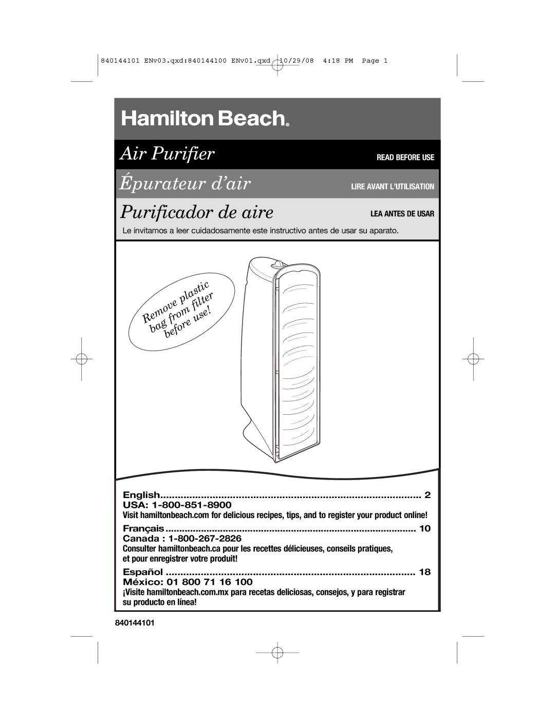 Hamilton Beach 840144101 manual Air Purifier Épurateur d’air 