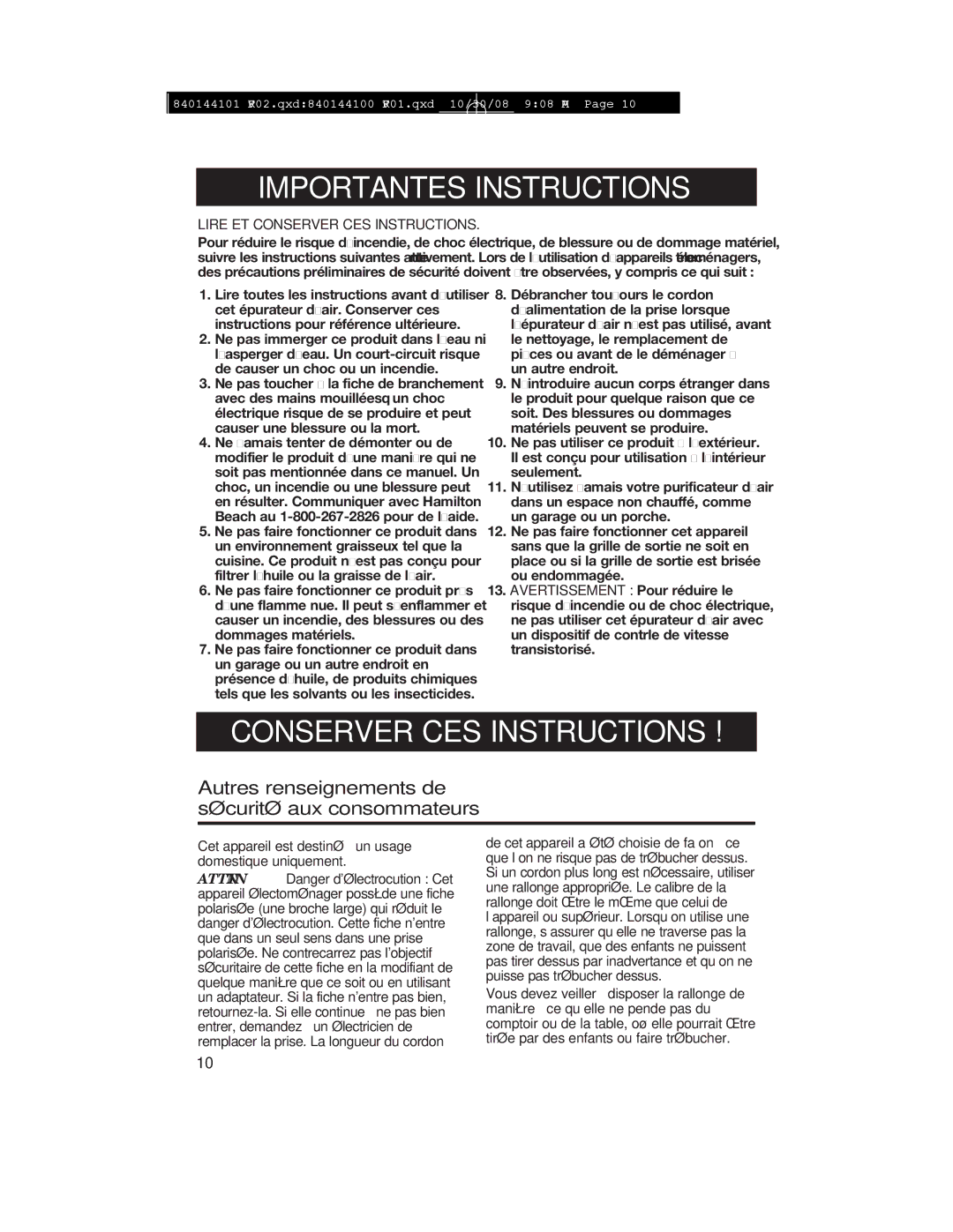 Hamilton Beach 840144101 manual Importantes Instructions, Autres renseignements de sécurité aux consommateurs 