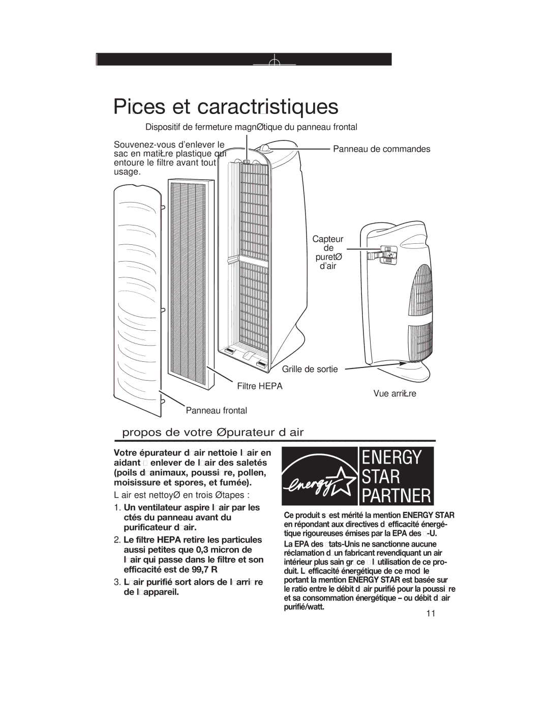 Hamilton Beach 840144101 manual Pièces et caractéristiques, Propos de votre épurateur d’air 