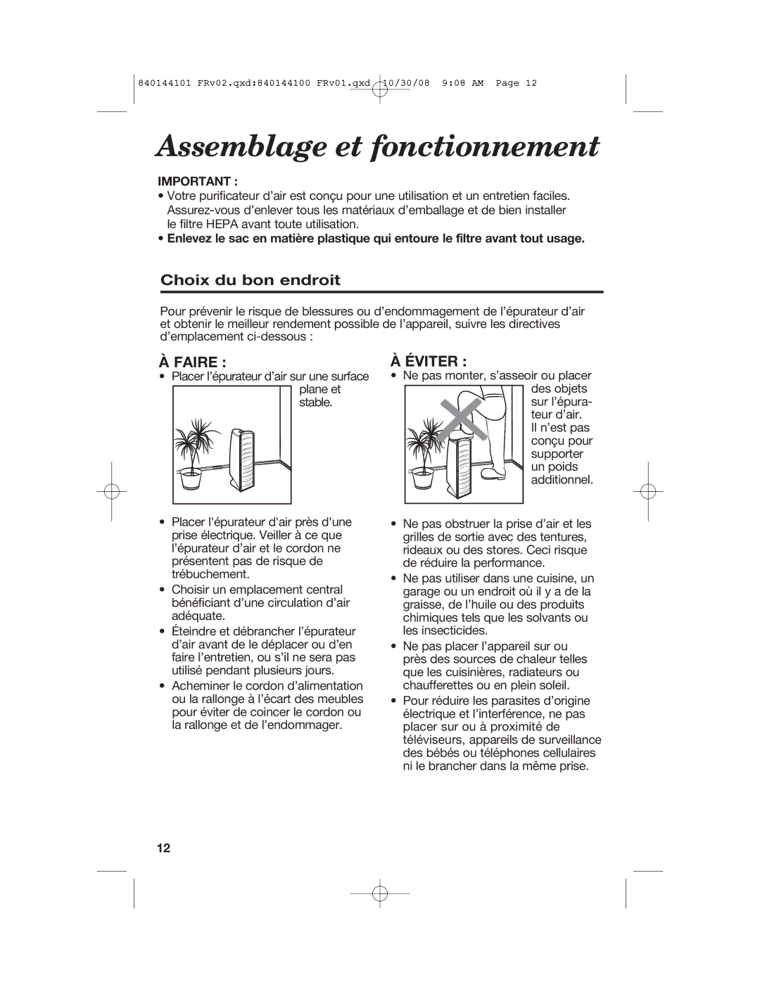 Hamilton Beach 840144101 manual Assemblage et fonctionnement, Choix du bon endroit 