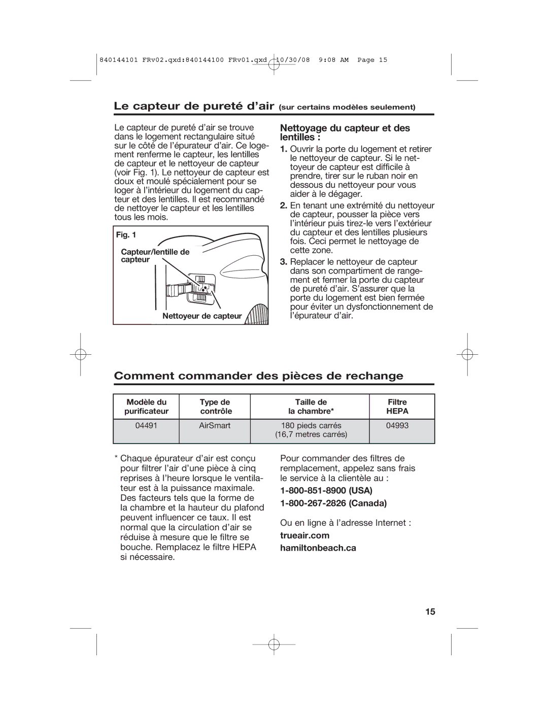 Hamilton Beach 840144101 manual Comment commander des pièces de rechange, Nettoyage du capteur et des lentilles 