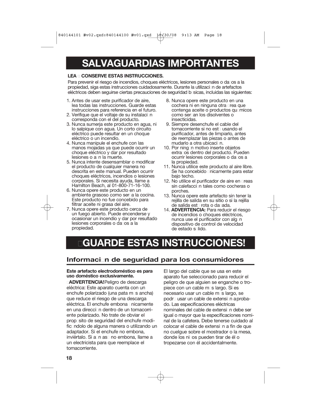 Hamilton Beach 840144101 manual Salvaguardias Importantes, Información de seguridad para los consumidores 