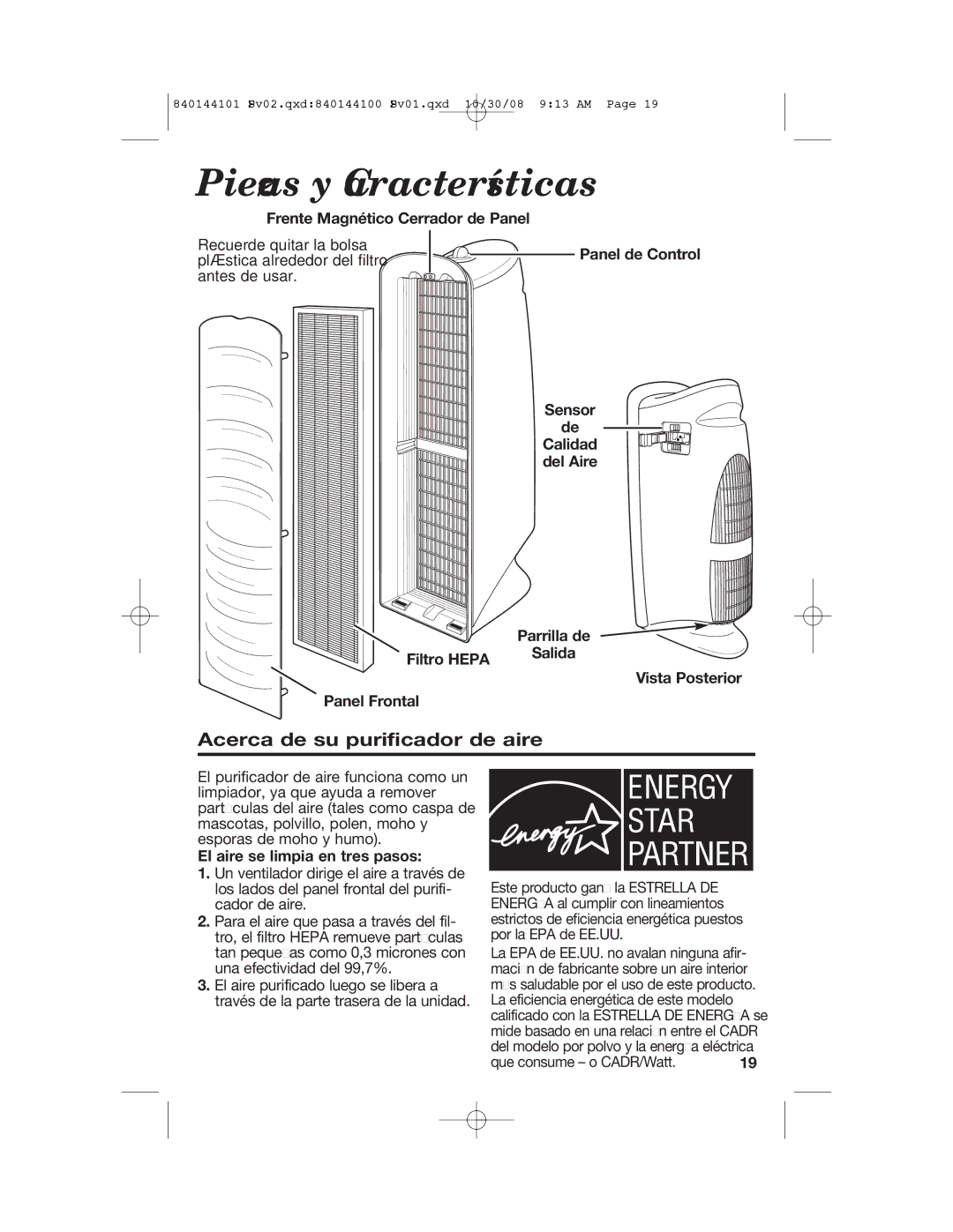 Hamilton Beach 840144101 manual Piezas y Características, Acerca de su purificador de aire 