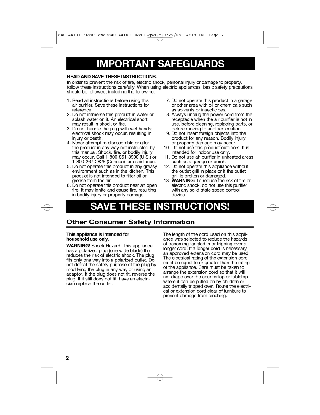 Hamilton Beach 840144101 manual Important Safeguards, Other Consumer Safety Information 