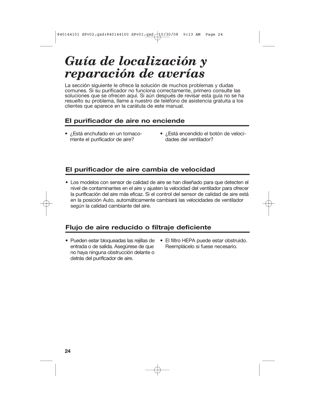 Hamilton Beach 840144101 manual Guía de localización y reparación de averías, El purificador de aire no enciende 