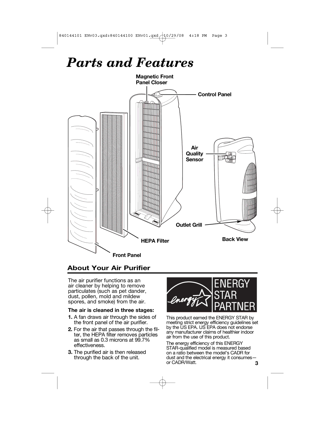 Hamilton Beach 840144101 manual Parts and Features, About Your Air Purifier 