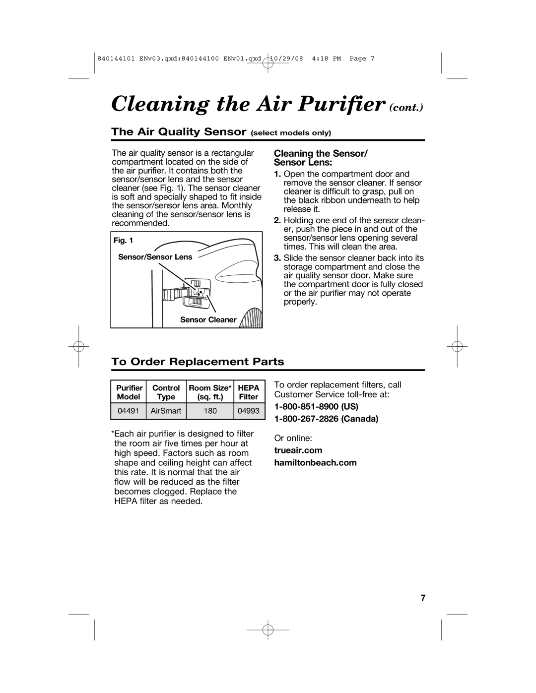 Hamilton Beach 840144101 manual Air Quality Sensor select models only, To Order Replacement Parts 