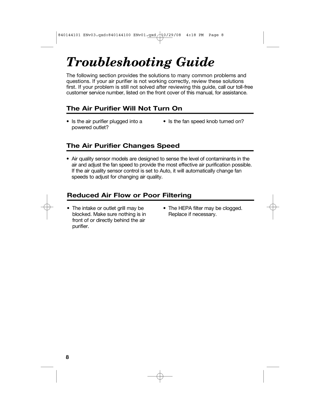 Hamilton Beach 840144101 manual Troubleshooting Guide, Air Purifier Will Not Turn On, Air Purifier Changes Speed 