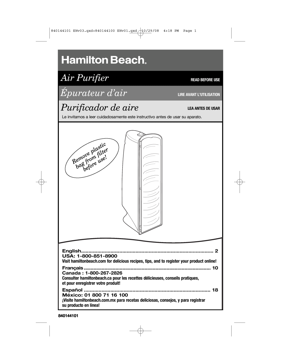Hamilton Beach 840144101 manual English, Usa, Français, Canada, et pour enregistrer votre produit, Español, México, filter 
