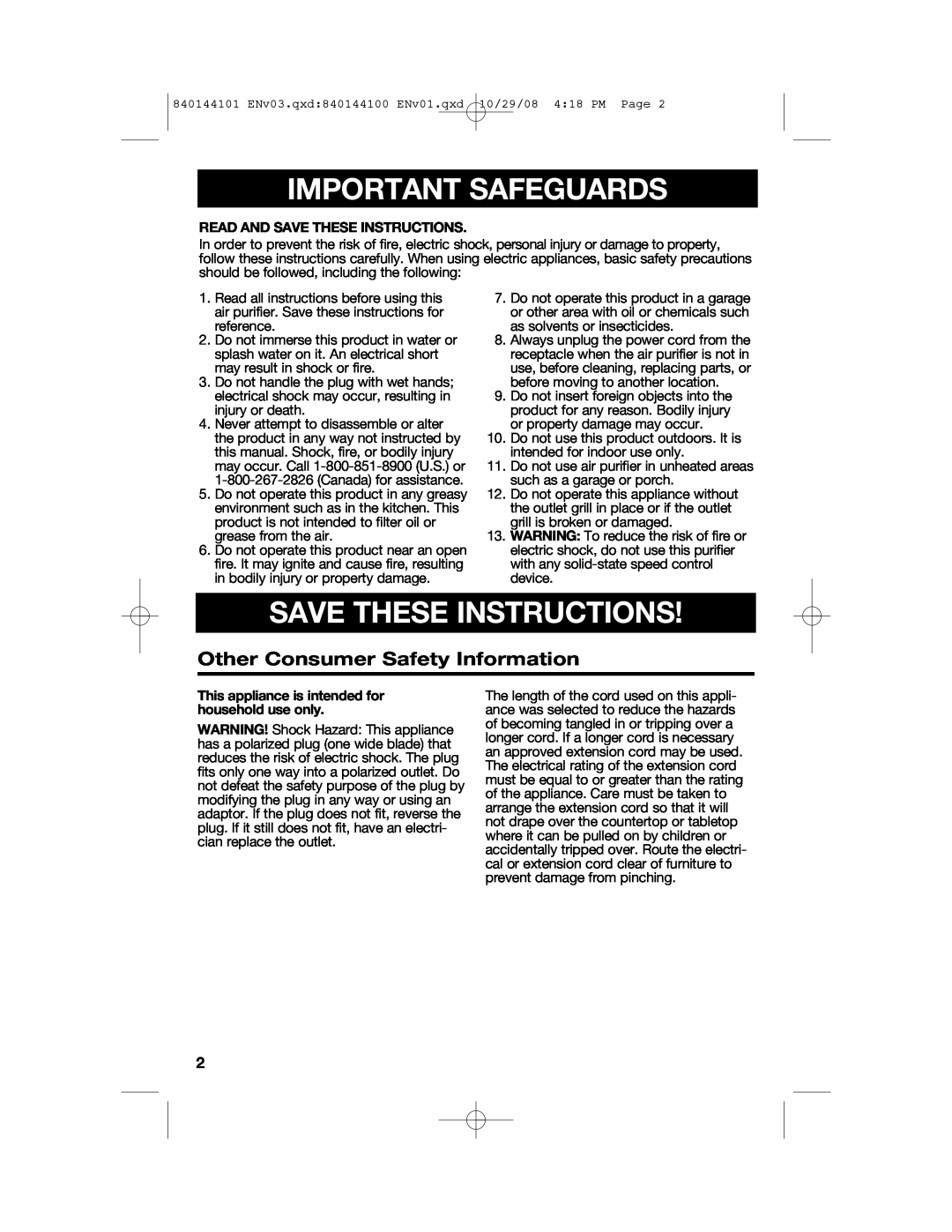 Hamilton Beach 840144101 manual Important Safeguards, Save These Instructions, Other Consumer Safety Information 