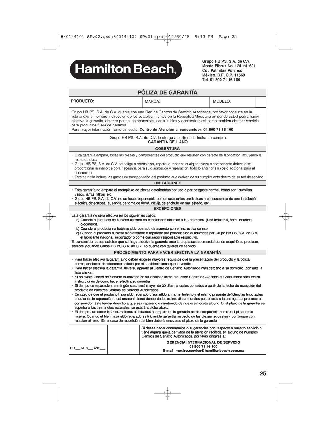 Hamilton Beach manual Póliza De Garantía, 10/30/08 9 13 AM Page, 840144101 SPv02.qxd 840144100 SPv01.qxd 
