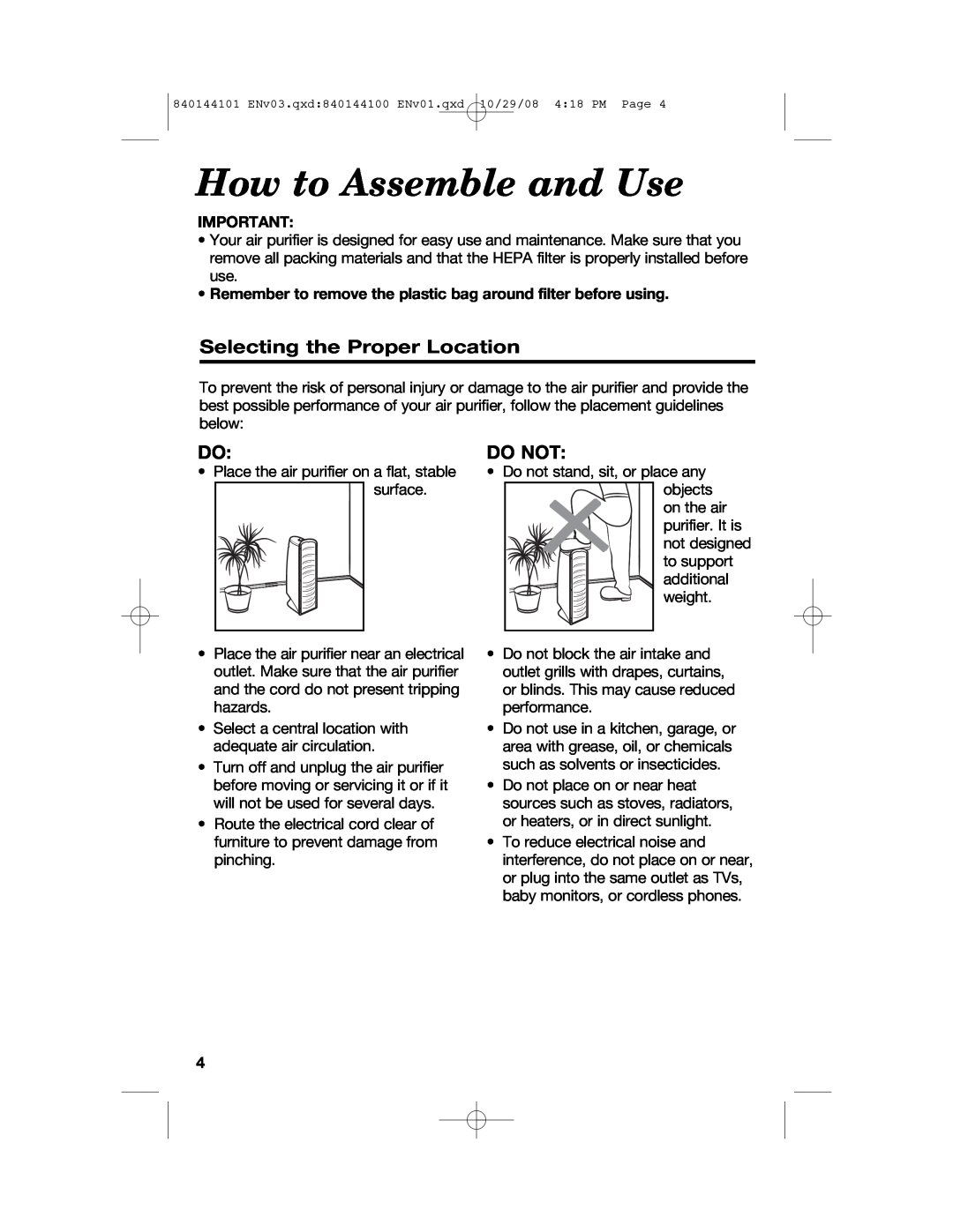 Hamilton Beach 840144101 manual How to Assemble and Use, Selecting the Proper Location, Do Not 