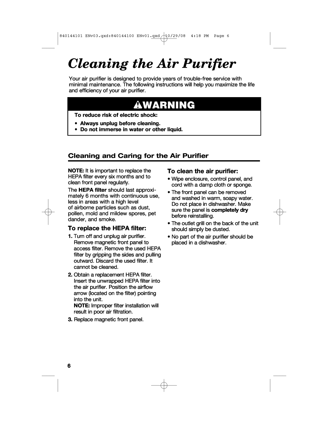 Hamilton Beach 840144101 manual Cleaning the Air Purifier, wWARNING, Cleaning and Caring for the Air Purifier 