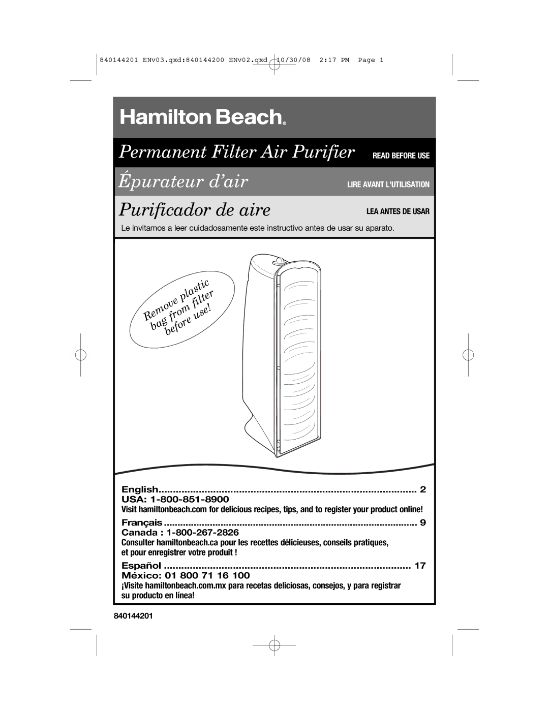 Hamilton Beach 04992F, 840144201 manual Purificador de aire 