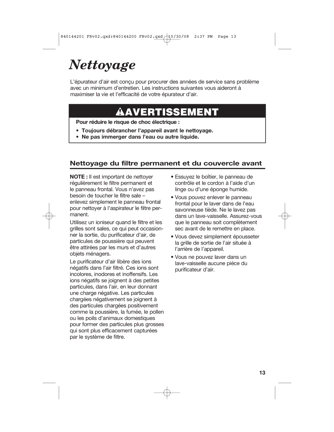 Hamilton Beach 04992F, 840144201 manual Nettoyage du filtre permanent et du couvercle avant 