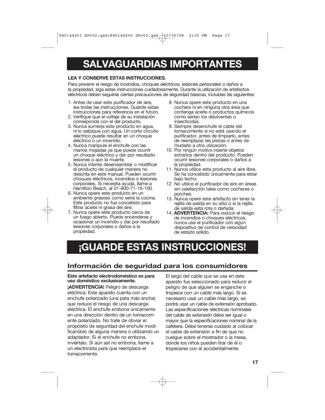 Hamilton Beach 04992F, 840144201 manual Salvaguardias Importantes, Información de seguridad para los consumidores 