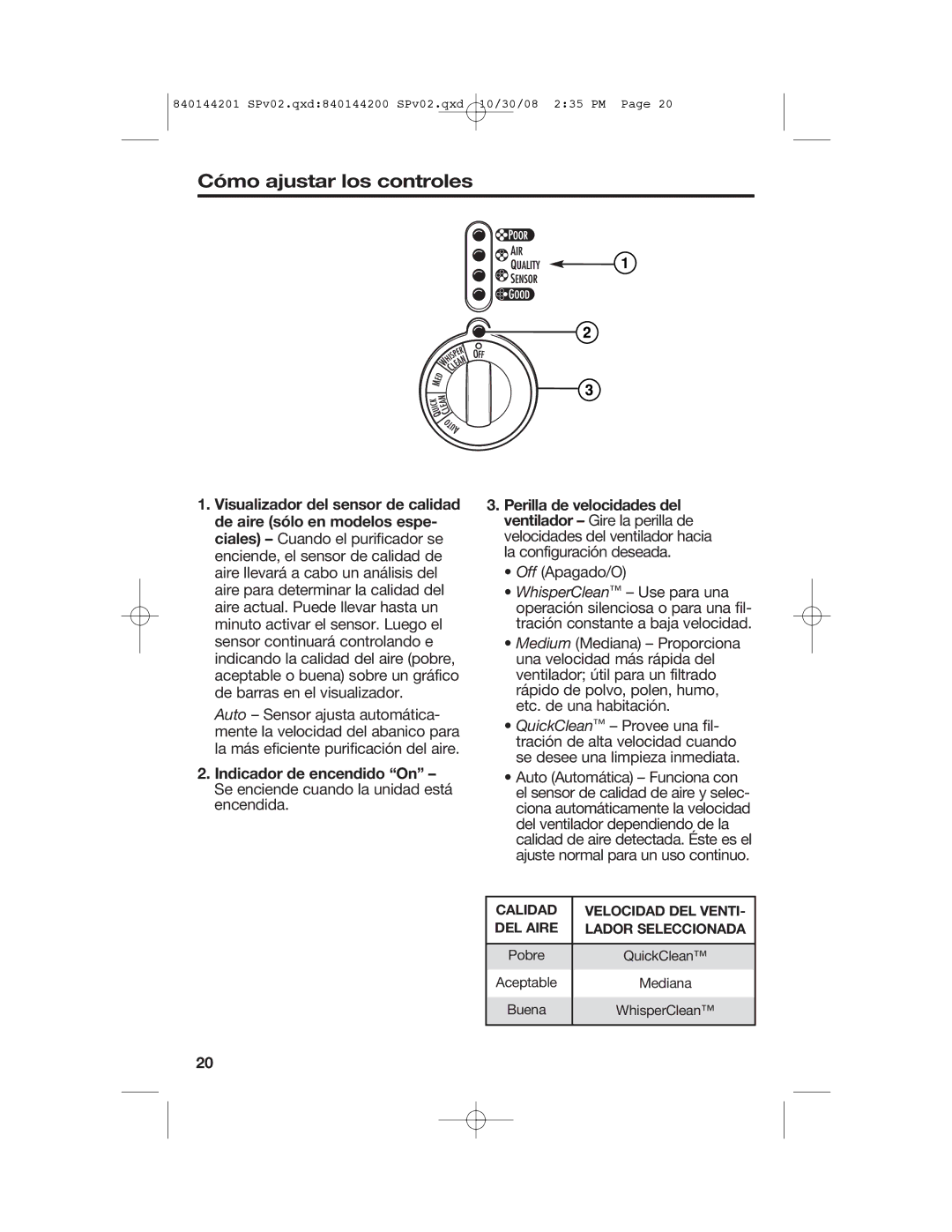 Hamilton Beach 840144201, 04992F manual Cómo ajustar los controles, Calidad Velocidad DEL Venti DEL Aire Lador Seleccionada 