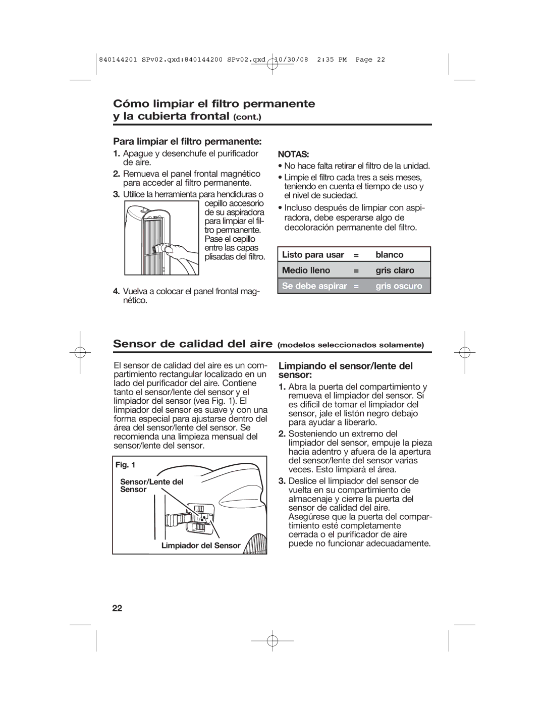 Hamilton Beach 840144201, 04992F manual Sensor de calidad del aire, Para limpiar el filtro permanente 
