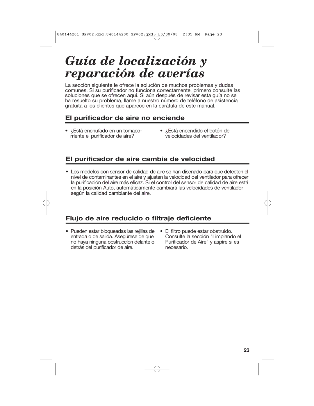 Hamilton Beach 04992F, 840144201 manual Guía de localización y reparación de averías, El purificador de aire no enciende 