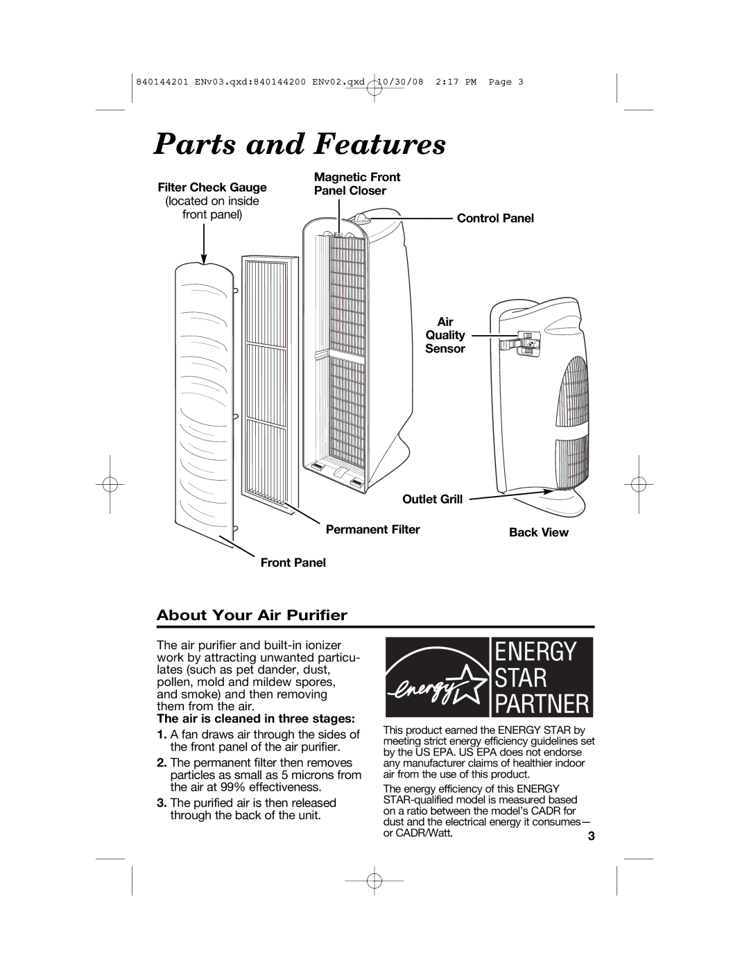 Hamilton Beach 04992F, 840144201 manual Parts and Features, About Your Air Purifier 